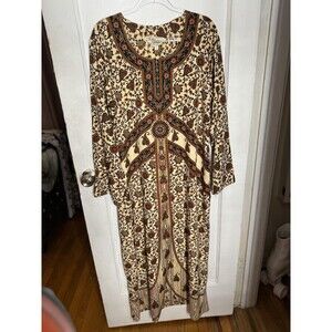 Bhanu Midi Fit & Flare Dress Women's Size L Beige Paisley Round Neck Long Sleeve